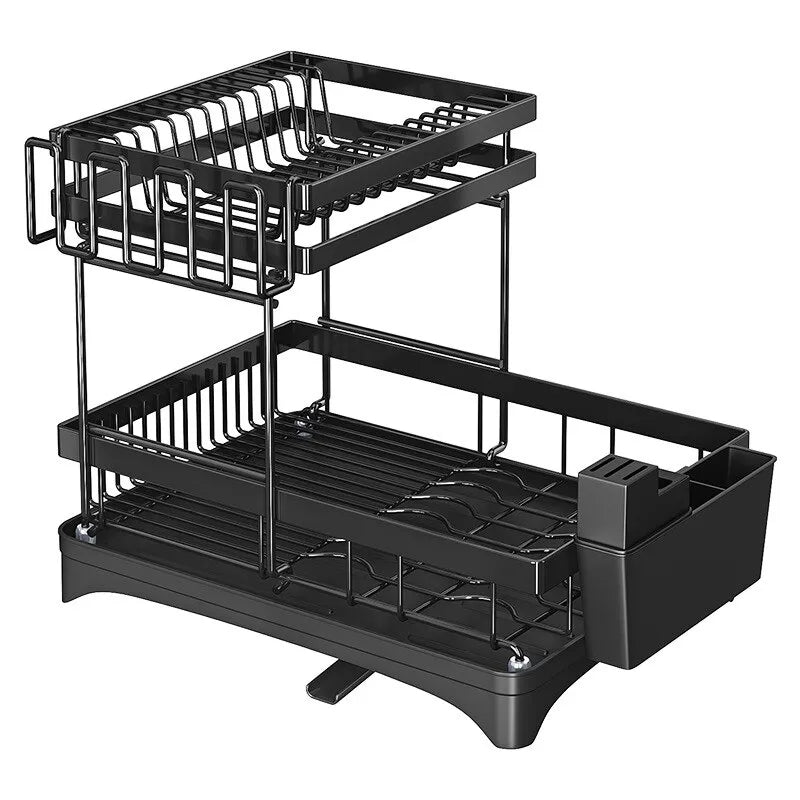 Escorredor de Louças Preto Aço Inoxidável Rack Duplo Organizador de Talheres e Pratos