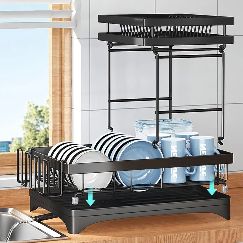 Escorredor de Louças Preto Aço Inoxidável Rack Duplo Organizador de Talheres e Pratos