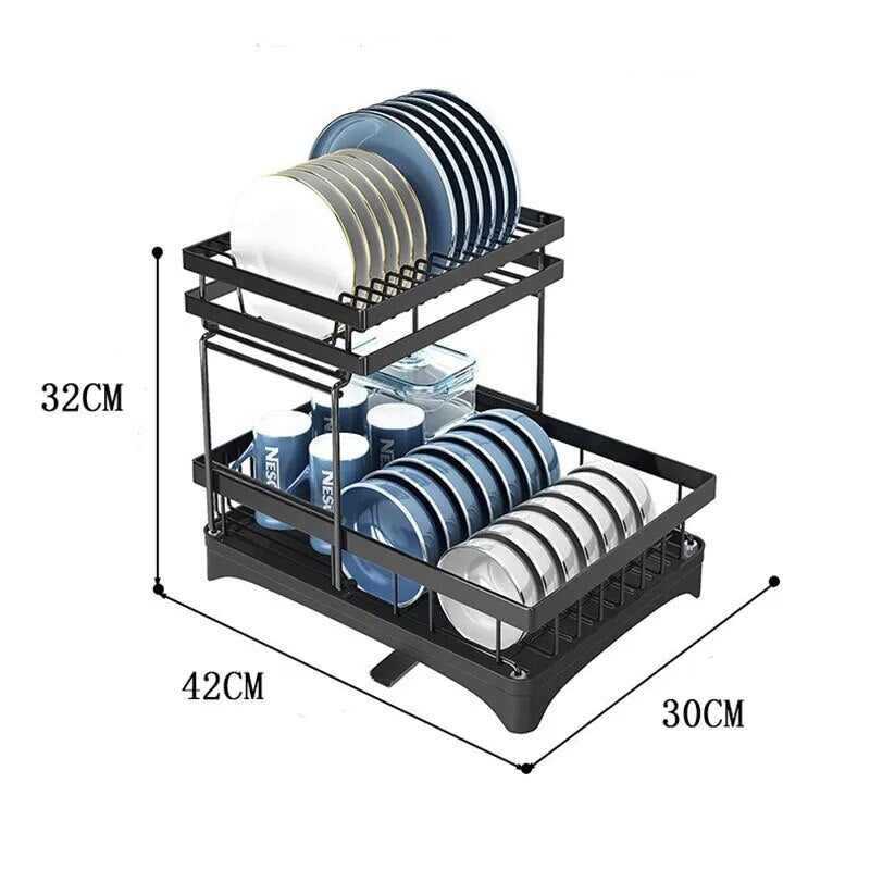 Escorredor de Louças Preto Aço Inoxidável Rack Duplo Organizador de Talheres e Pratos