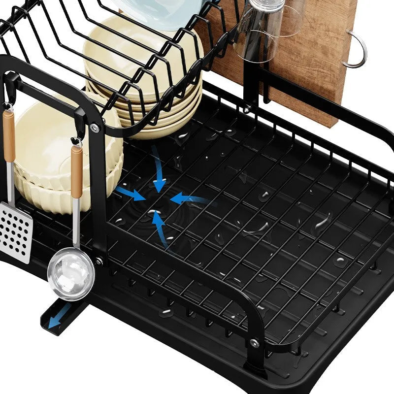 Escorredor de Louças Preto Aço Inoxidável Rack Duplo Organizador de Talheres e Pratos