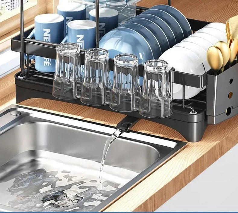 Escorredor de Louças Preto Aço Inoxidável Rack Duplo Organizador de Talheres e Pratos