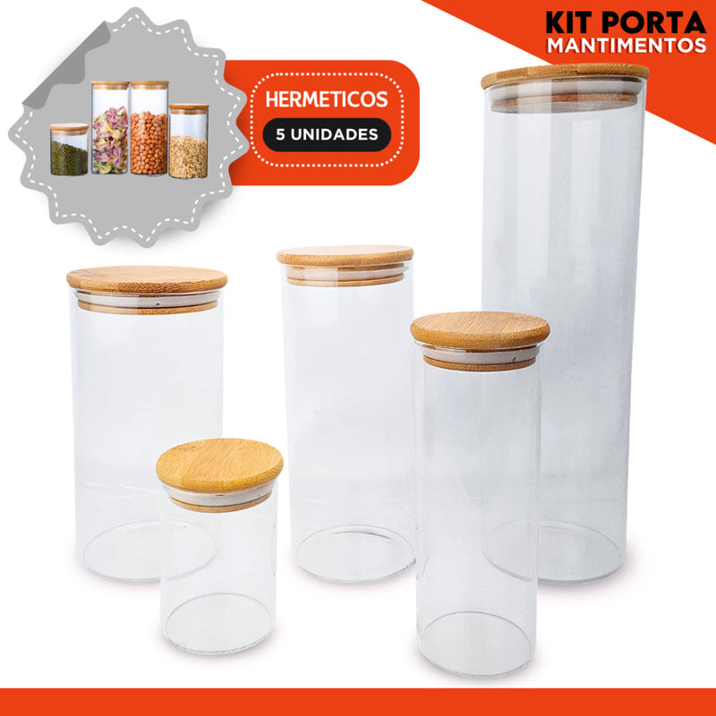 Porta Mantimento De Vidro Herméticos - Kit Com 5 - Tampa De Bambu -