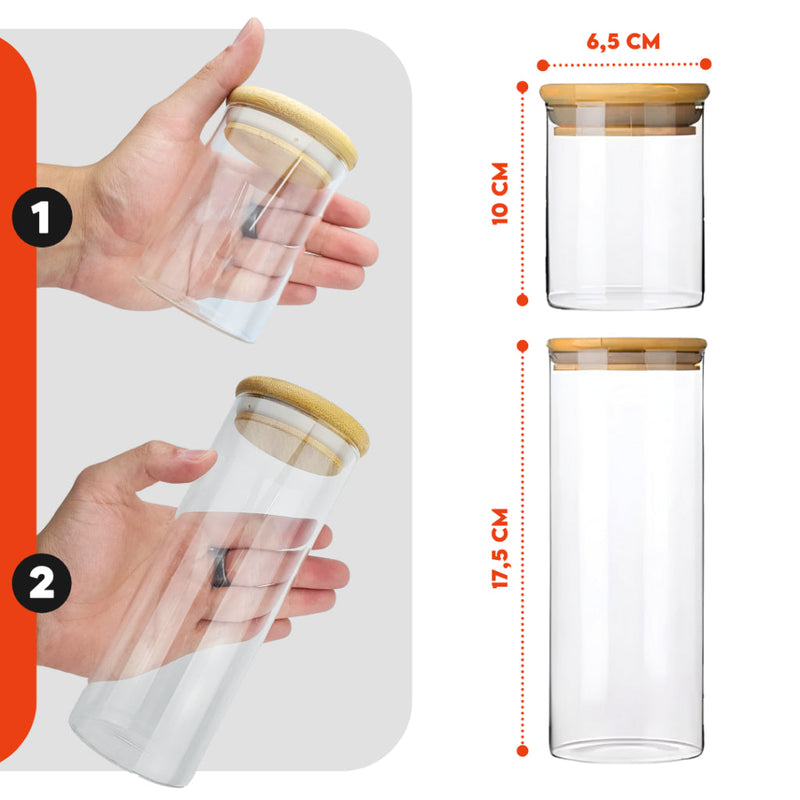 Porta Mantimento De Vidro Herméticos - Kit Com 5 - Tampa De Bambu -