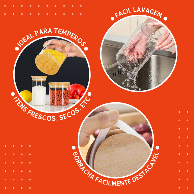 Porta Mantimento De Vidro Herméticos - Kit Com 5 - Tampa De Bambu -