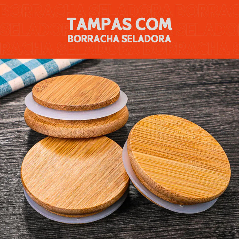 Porta Mantimento De Vidro Herméticos - Kit Com 5 - Tampa De Bambu -