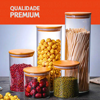 Porta Mantimento De Vidro Herméticos - Kit Com 5 - Tampa De Bambu -