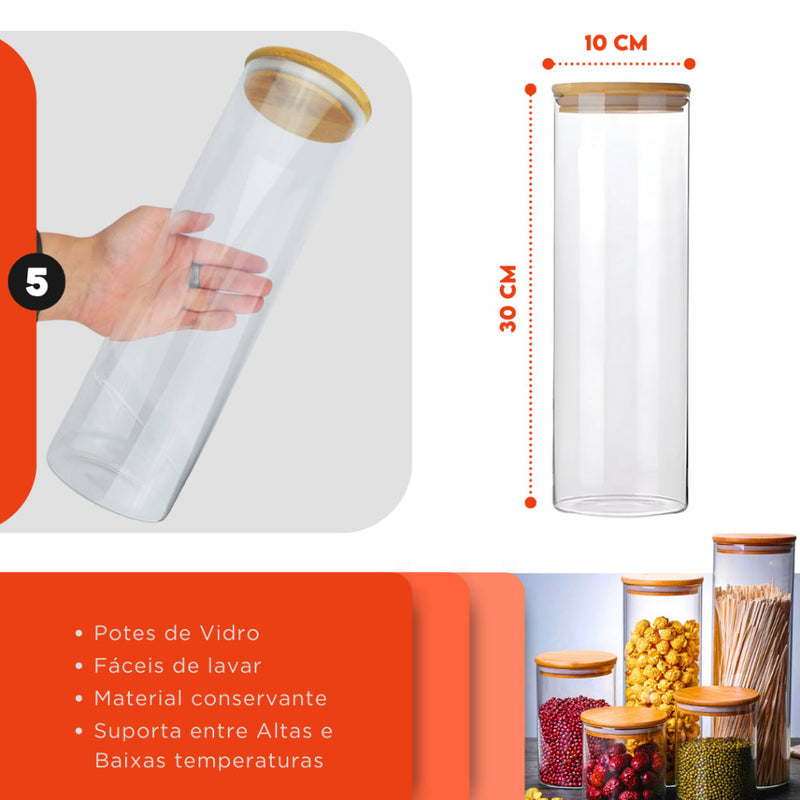Porta Mantimento De Vidro Herméticos - Kit Com 5 - Tampa De Bambu -