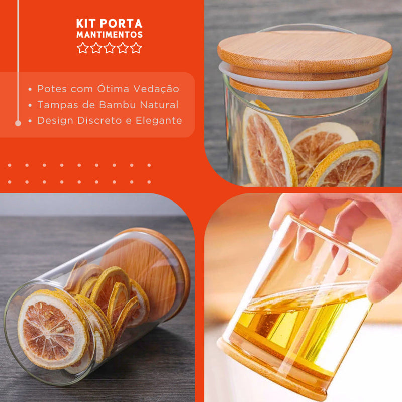 Porta Mantimento De Vidro Herméticos - Kit Com 5 - Tampa De Bambu -