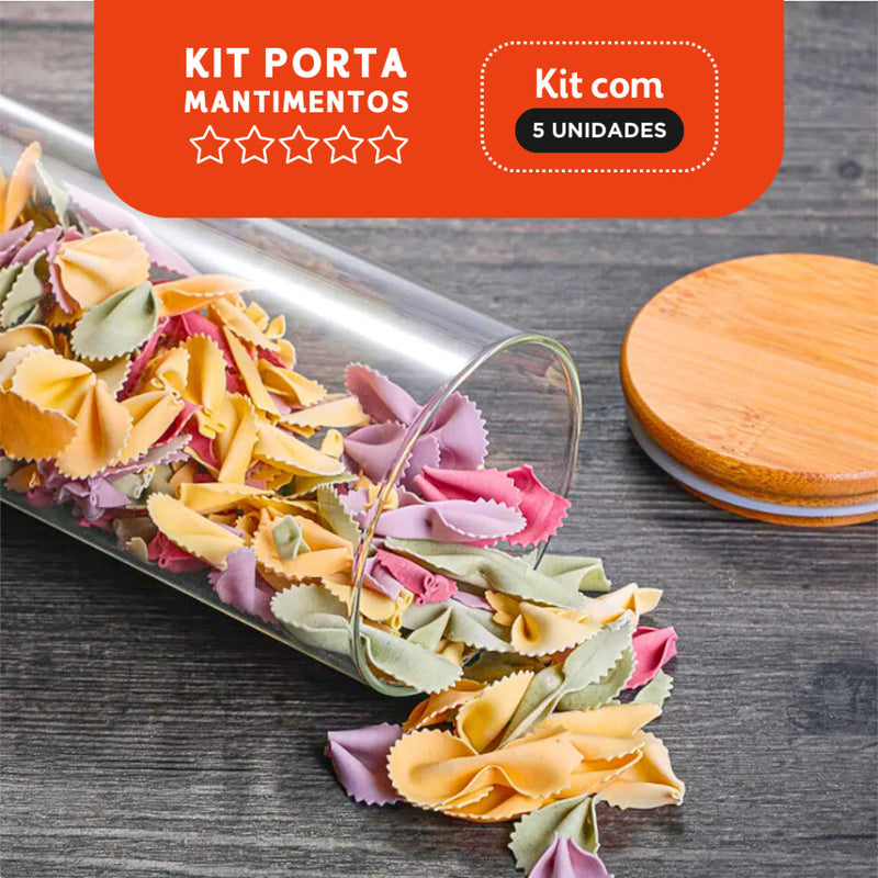Porta Mantimento De Vidro Herméticos - Kit Com 5 - Tampa De Bambu -