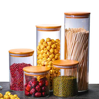 Porta Mantimento De Vidro Herméticos - Kit Com 5 - Tampa De Bambu -