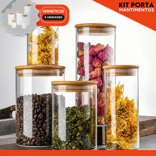 Porta Mantimento De Vidro Herméticos - Kit Com 5 - Tampa De Bambu -